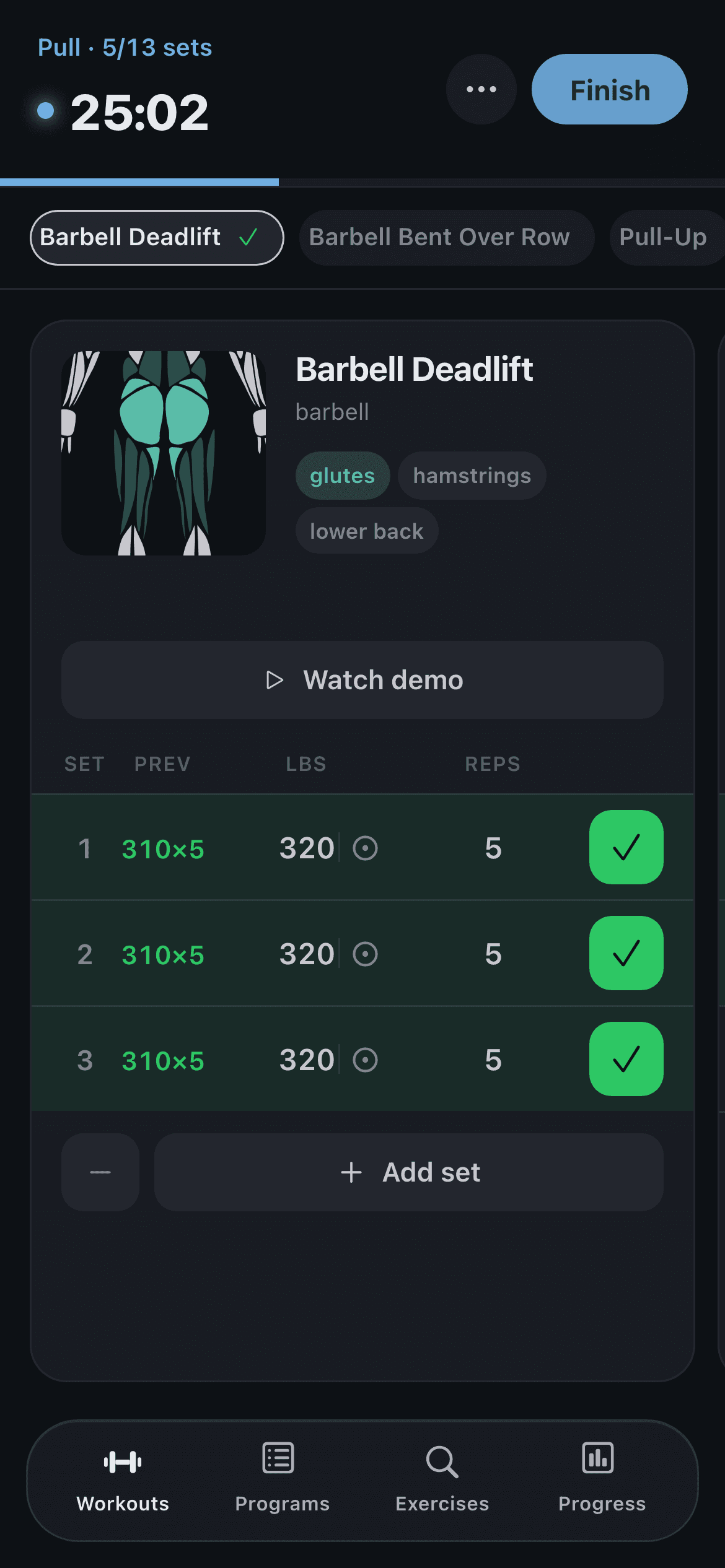 Rune active workout screen with completed deadlift sets beating the previous session