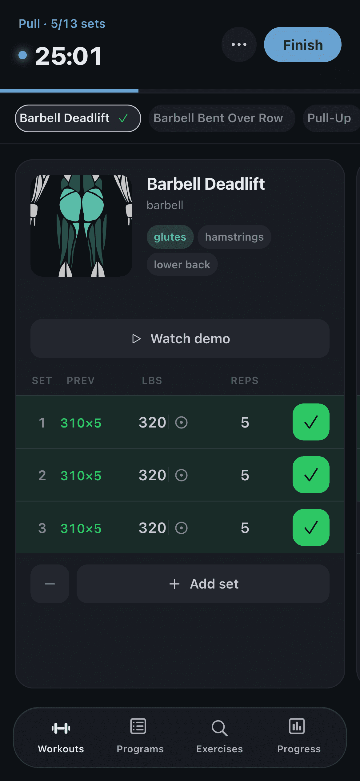 Rune active workout screen with completed deadlift sets beating the previous session