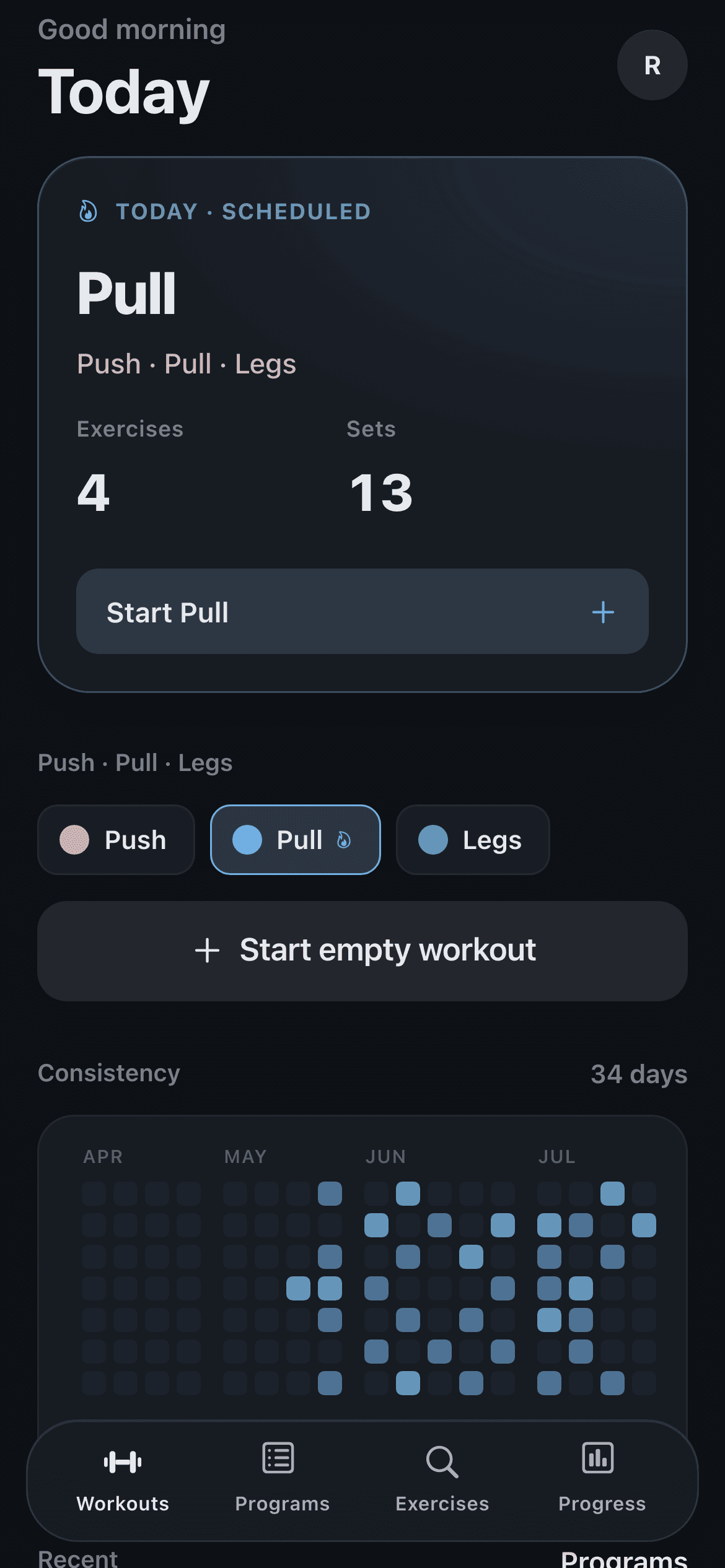 Rune home screen: today’s scheduled Pull workout and an 18-week consistency grid