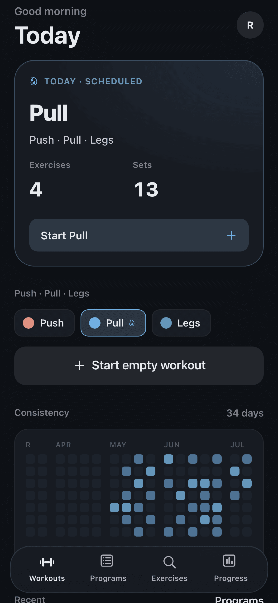 Rune home screen: today’s scheduled Pull workout and an 18-week consistency grid
