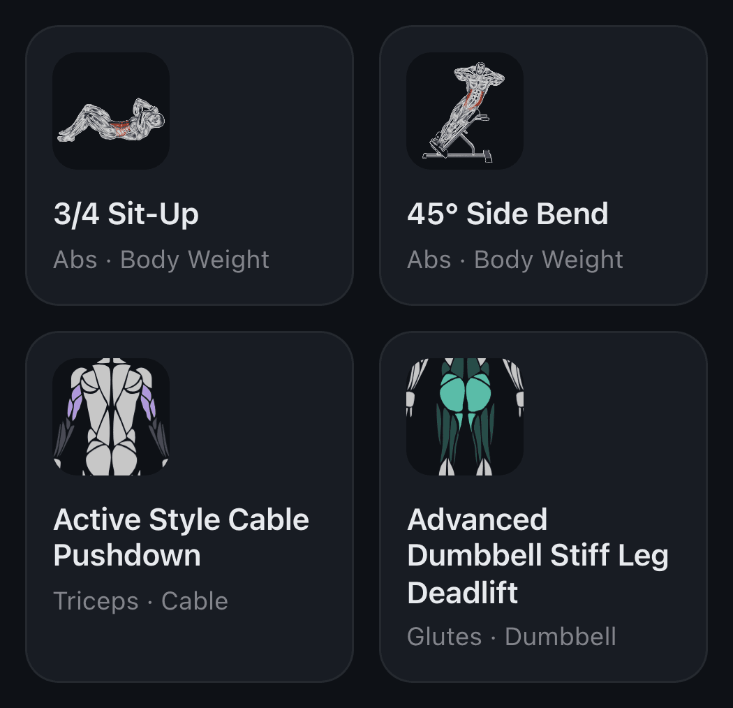 Exercise library cards with muscle-map thumbnails